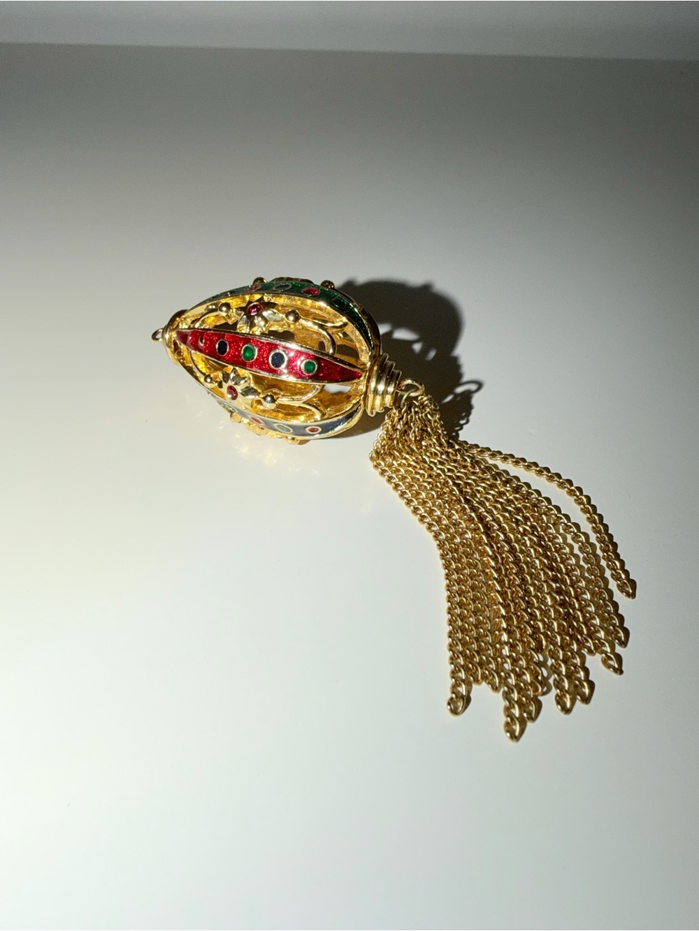 Vintage Gold-Tone Jeweled Egg With Chain Tassel Pendant